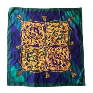Vintage Roger Laurent Paris Italian Scarf Roman Tassels Gold Leaves Green Blue